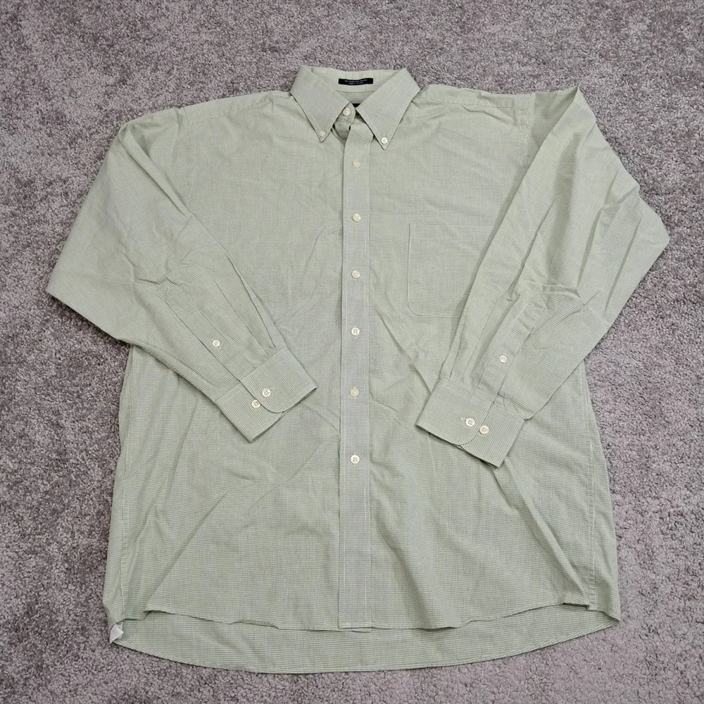 Chaps Mens Large Green White Micro Check Wrinkle Free Button Down Shirt 16-16.5